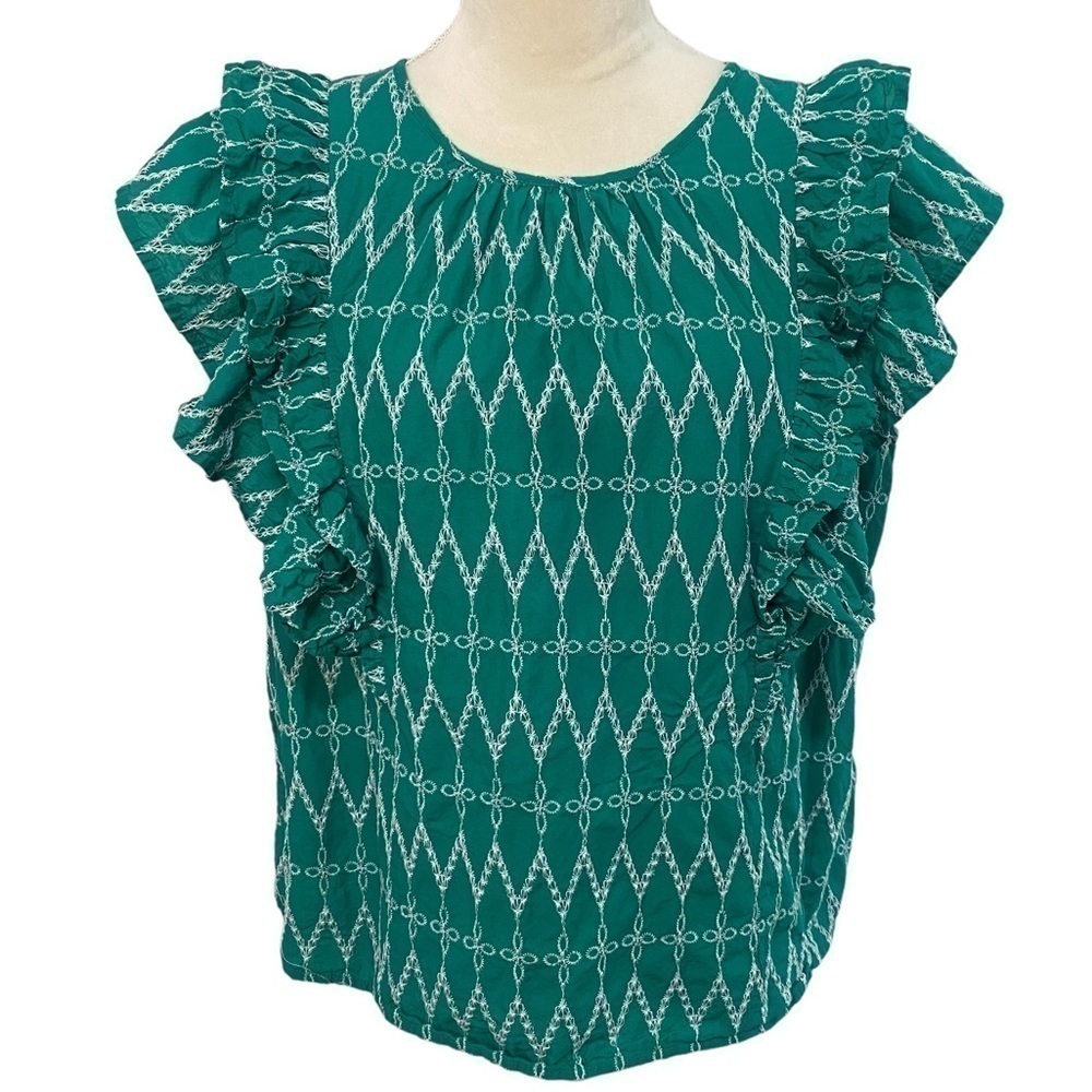 Universal Thread Green with White Thread Stitching Ruffled Blouse Top Size XXL